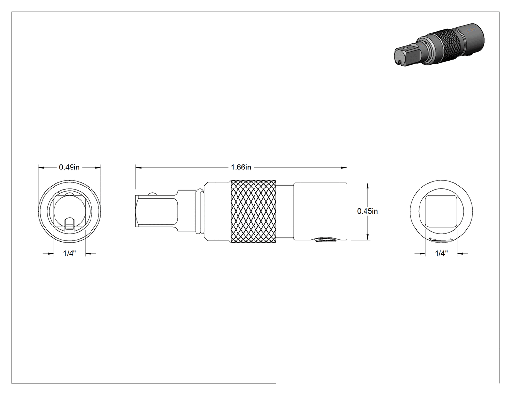 Teknik Çizim - Güçlü Tutuşlu Soket Adaptörü, 1/4" Dişi x 1/4" Erkek Kare Tahrik, 1-11/16" Toplam Uzunluk