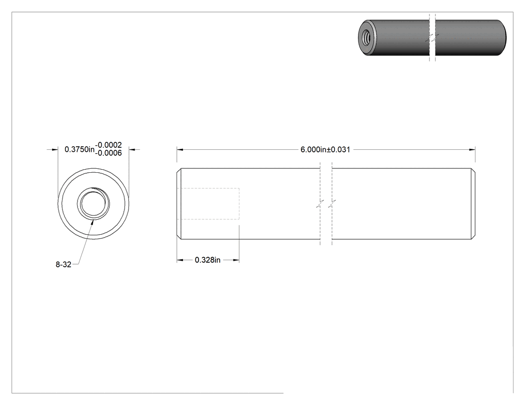 Teknik Çizim - Dişli Doğrusal Hareket Mili, Dişli x Düz Uç, 1050 Karbon Çelik, 3/8" Çap, 6 inç Uzunluk