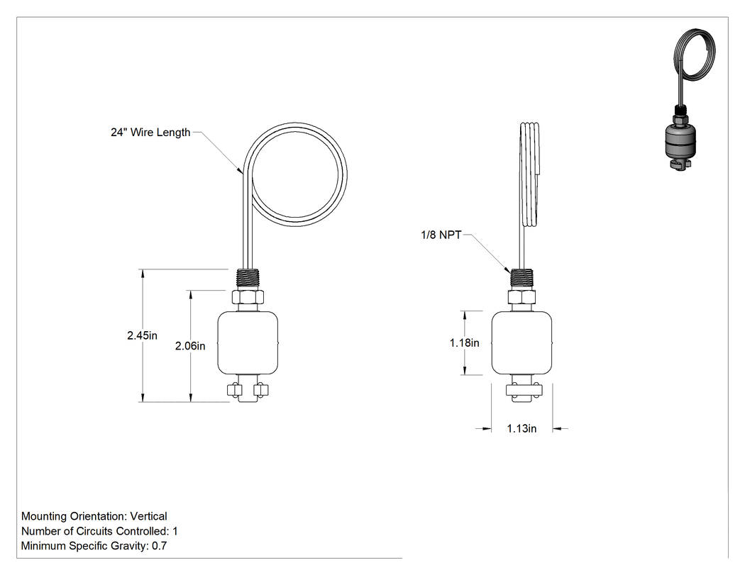 Teknik Çizim - Dikey Montajlı Şamandıra Anahtarı, Yağ için, 1/8 NPT Tank Bağlantısı, Metal Şamandıra