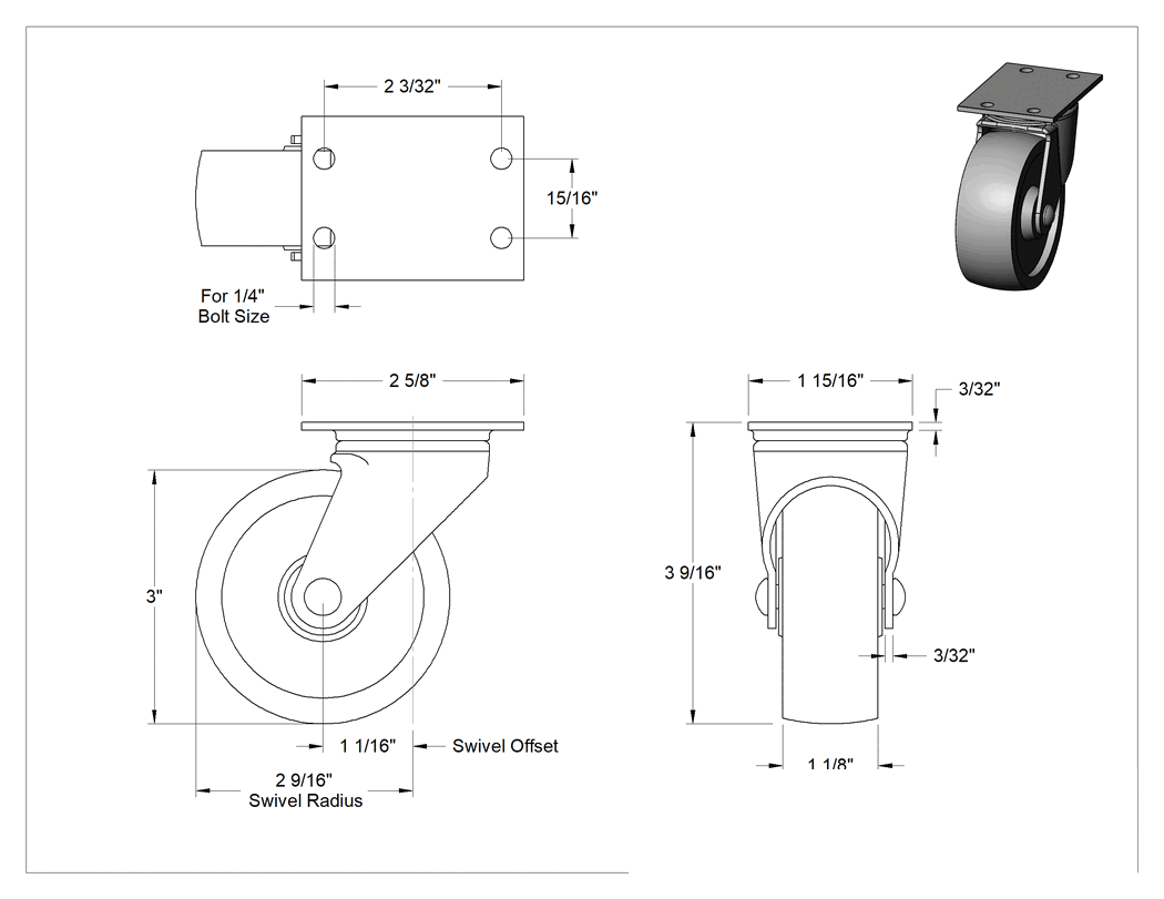 Teknik Çizim - Cart-Smart Tekerlek, 3" Çapında 90A Durometre Polipropilen Tekerlekli Döner Tekerlek