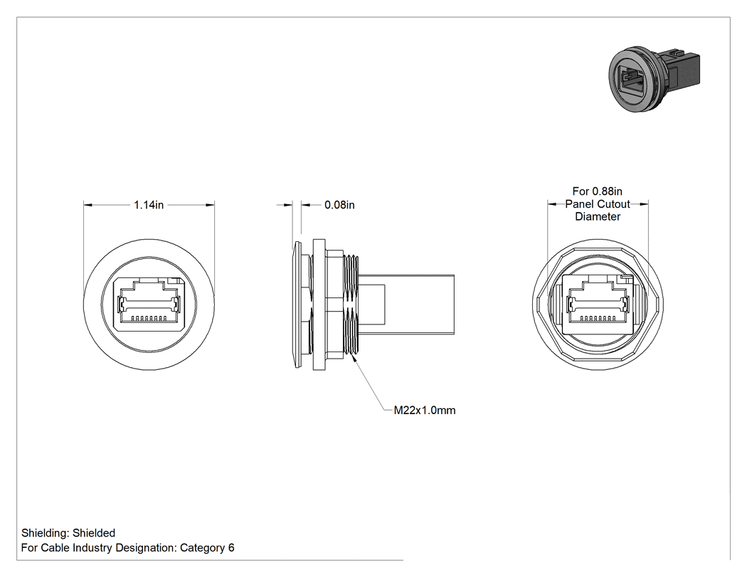 Teknik Çizim - Panele Monte RJ45 Adaptörü, Ekranlı Vidalı, Kategori 6 Kablo için, Beyaz