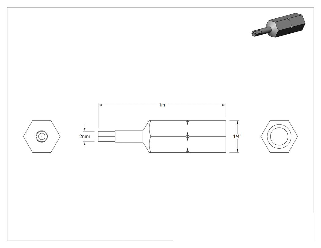 Teknik Çizim - Kurcalamaya Dayanıklı Altıgen Uçlar, 2 mm Boyut, 1/4" Altıgen Şaft Boyutu