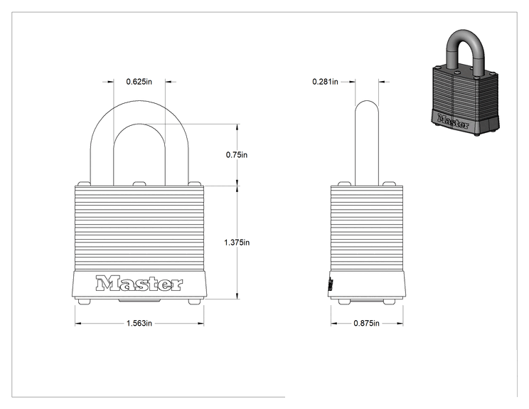 Teknik Çizim - Lamine Çelik Gövdeli Kilitleme Asma Kilidi, Master Lock 3, #Sb769 numaralı anahtara göre anahtarlı, Sarı Tamponlu