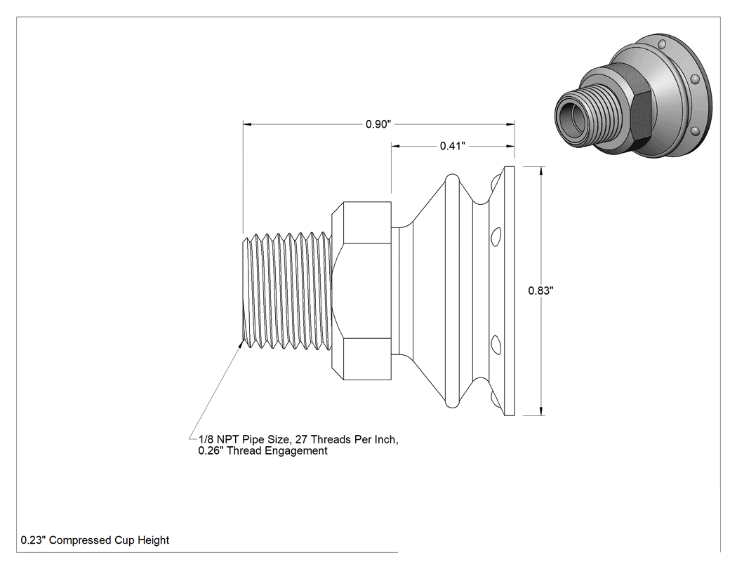 Teknik Çizim - Yükseklik Ayarlı Vakum Vantuzu, Tek Körük, Metal Filtre, 0.83 inç Çap, 1/8 NPT Erkek