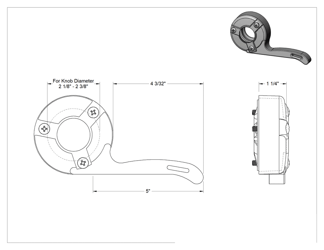 Teknik Çizim - Kapı Topuzu-Kolu Dönüştürücü, 2-1/8" ila 2-3/8" çaplı topuz için