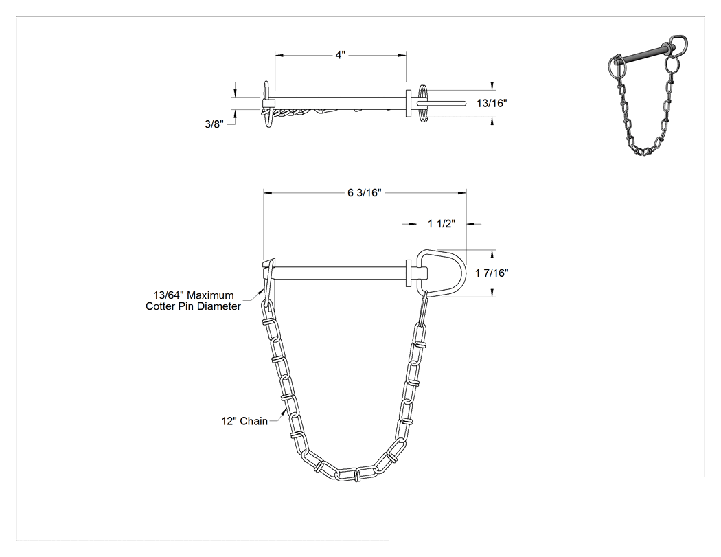 Teknik Çizim - Linch Pimli Bağlı Döngü Tutucu Çatal Pim, 1541 Karbon Çelik, 3/8" Çap, 4" Kullanılabilir Uzunluk