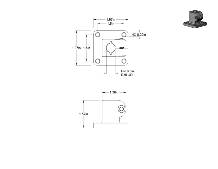 Teknik Çizim - Ağır Hizmet Tipi Kelepçeli Çerçeve, 1/2" Dış Çaplı Ray için Delik İçinden Geçen Gömme Destek, 304 Paslanmaz Çelik