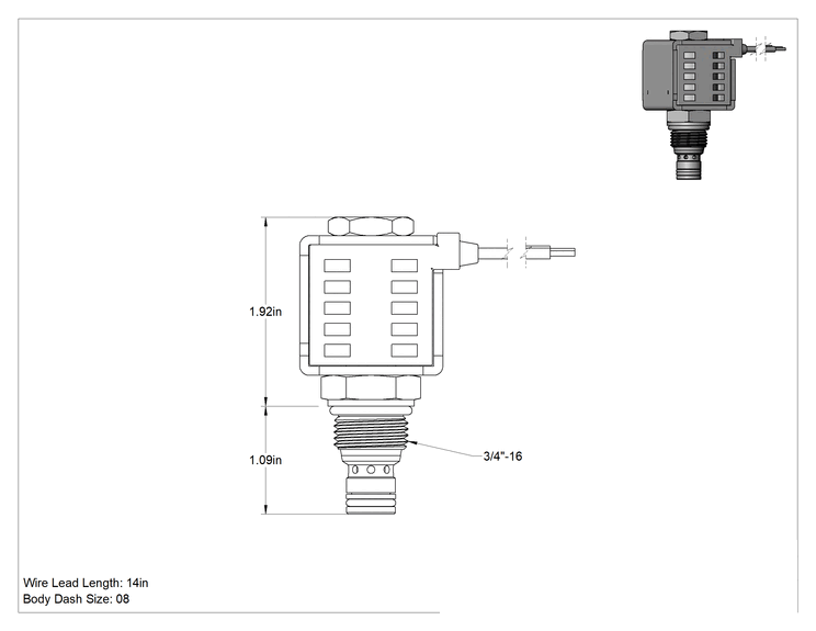 Teknik Çizim - Solenoidle Çalışan Vidalı Hidrolik Vana, Açma/Kapama, Kapalı Konum, 3/4"-16 Diş, 12.0V DC