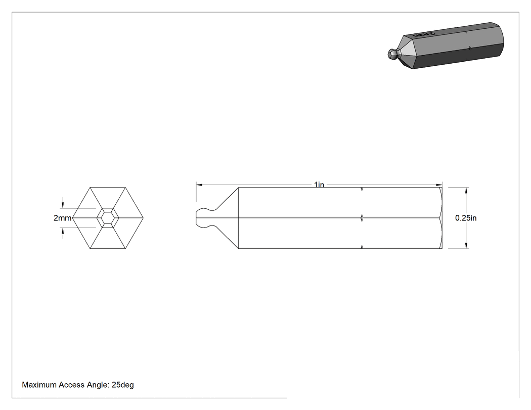 Teknik Çizim - Top Uçlu Altıgen Uçlar, 1/4" Altıgen Şaft