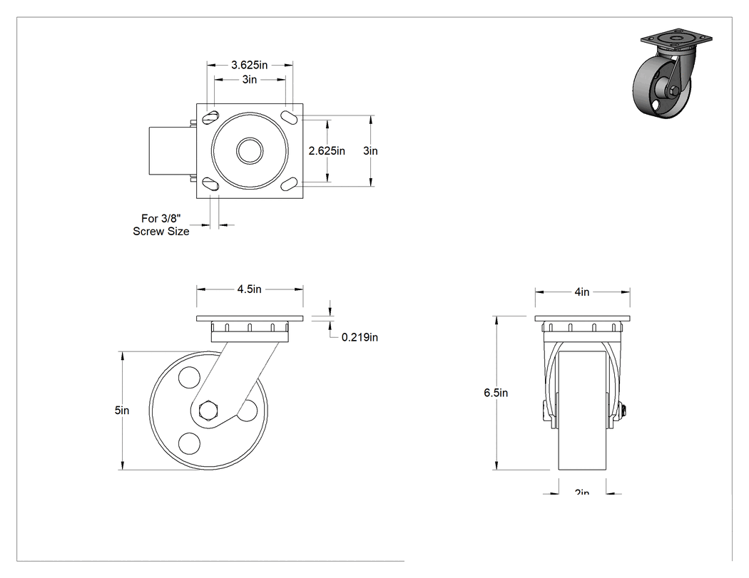 Teknik Çizim - 4-1/2" x 4" Plakalı Yüksek Kapasiteli Mauler Tekerlek, 5" Çapında Metal Tekerlekli Döner