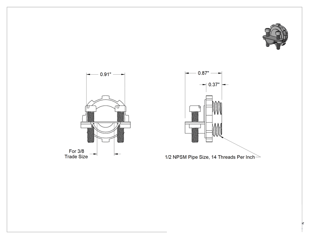 Teknik Çizim - 3/8 Kılavuz x 1/2 NPSM Esnek Metal Kılavuz ve Zırhlı Kablo için Düz Adaptör