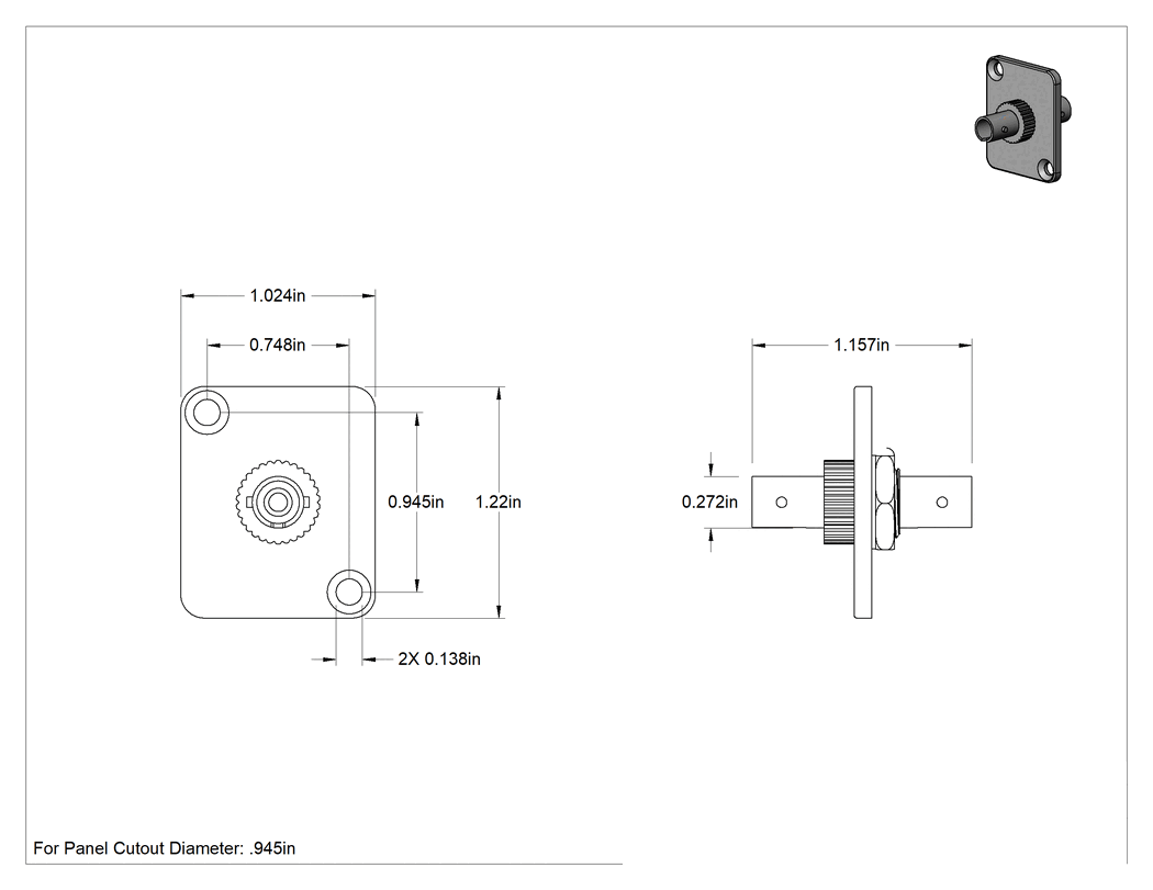 Teknik Çizim - Panele Monte Fiber Optik Adaptör, ST Dişi x ST Dişi, Çok Modlu Om1 için, Om2, Om3, Om4