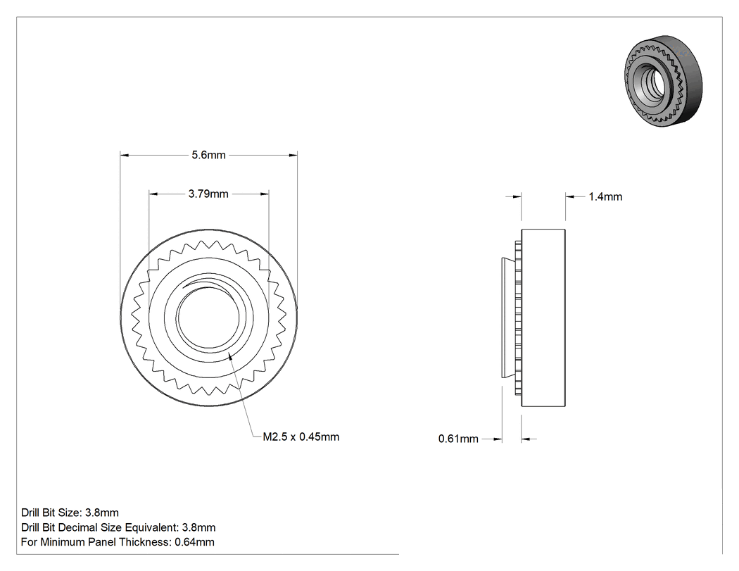 Teknik Çizim - Yüksek Sıcaklığa Dayanıklı Yüksek Mukavemetli A286 Paslanmaz Çelik Pres Kafes Somun, M2.5 x 0.45 mm Diş, 0.64 mm Minimum Panel Kalınlığı için