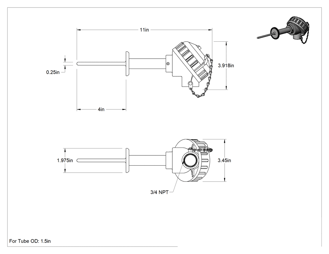 Teknik Çizim - Hijyenik RTD Prob, Sıvılar ve Gazlar için, 1-1/2" Boru Dış Çapı için