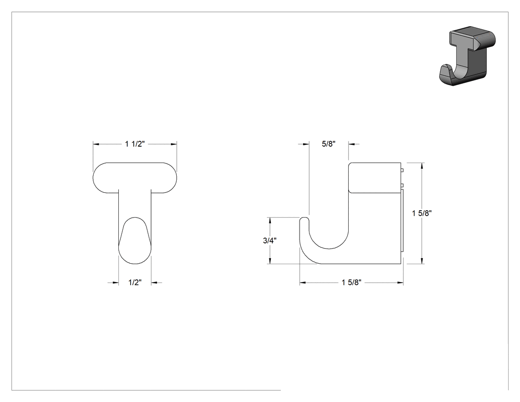 Teknik Çizim - Manyetik Arka Asma Kancası, 1-1/2" Genişlik x 1-5/8" Yükseklik x 1-5/8" Derinlik Toplam