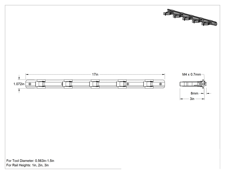 Teknik Çizim - T-Yivli Çerçeve, 1" Yükseklikli Ray için Çinko Kaplı Çelik Raf Alet Tutucu, 17" Genişlik