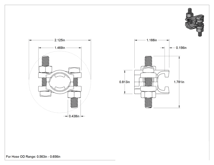 Teknik Çizim - Buhar Hortumu Bağlantı Parçaları için Kilitli Kelepçe, 1/4" Hortum İç Çapı ve 9/16" ila 21/32" Hortum Dış Çapı için