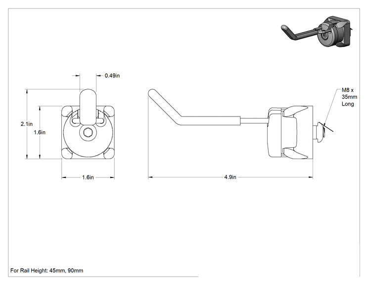 Teknik Çizim - T-Yivli Çerçeve, 45 mm Yüksekliğinde Ray için Kanca Alet Tutucu, 1/2" Genişlik