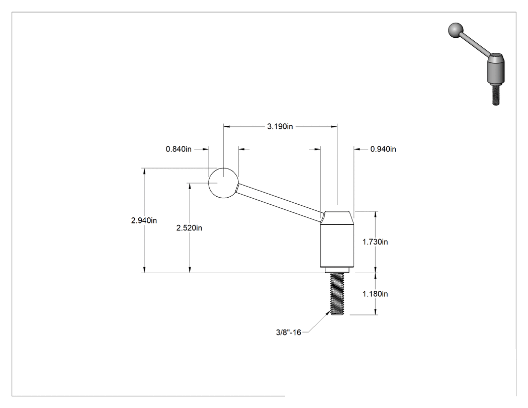 Teknik Çizim - Çelik Ayarlanabilir Tutamak, 3/8"-16 Dişli 1-3/16" Uzunluğunda Saplamalı, 2-15/16" Çıkıntı