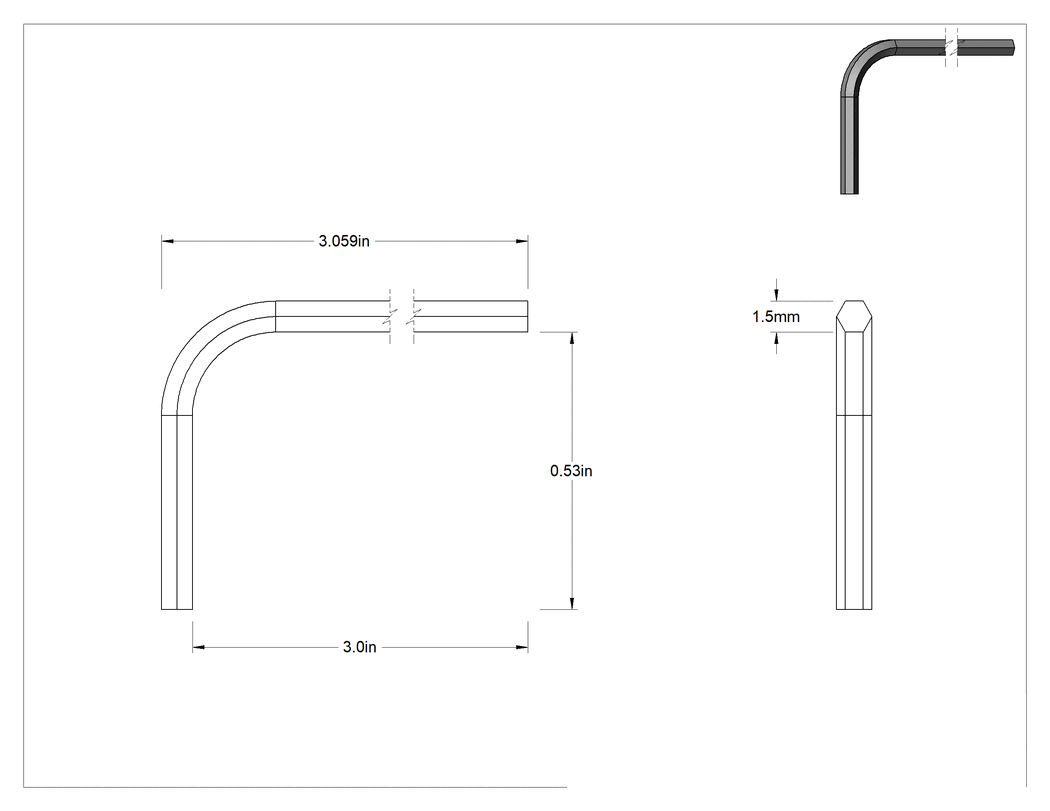 Teknik Çizim - Altın Rengi Boyalı Alaşımlı Çelik Altıgen L Anahtarı, 1.5 mm Tahrik Boyutu, 3-1/16" Toplam Uzunluk