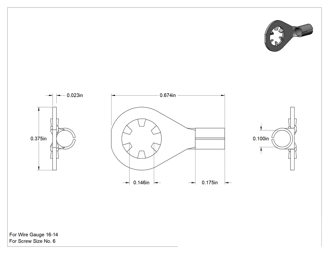 Teknik Çizim - Titreşime Dayanıklı İç Dişli Halka Terminaller, Yalıtımsız, 16-14 AWG ve 6 Numaralı Vida Boyutu için