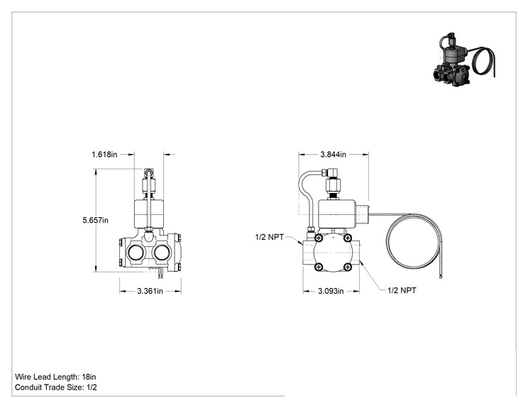Teknik Çizim - Egzoz Portlu Solenoid Açma/Kapama Vanası, Normalde Kapalı, 24V AC, 1/2 NPT Dişi, 3.6 Cv