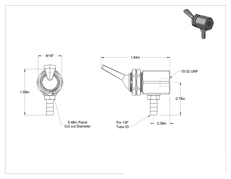 Teknik Çizim - Tırnaklı Bağlantı Parçalı Panele Monte Açma/Kapama Vanası, Toggle Anahtarı, 10-32 UNF Dişi x 1/8" Boru İç Çapı için