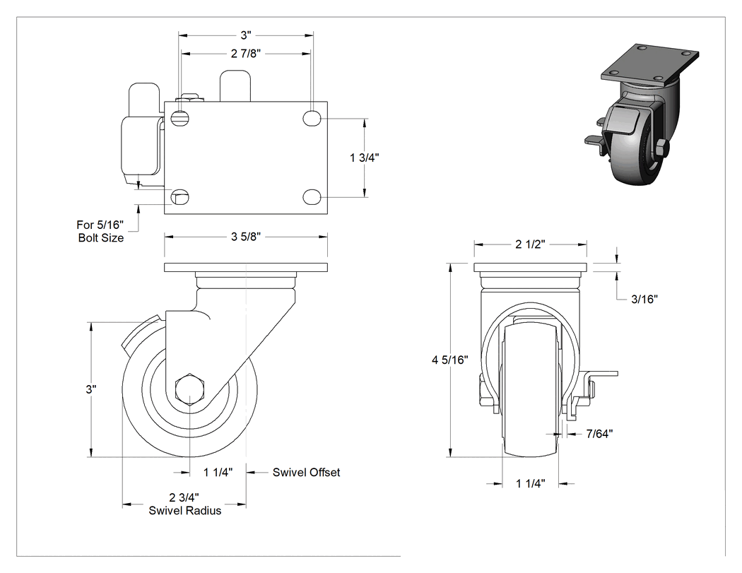 Teknik Çizim - Creston Tekerlek, Yüz Frenli Döner Ayak, 3" Çaplı Tekerlek, 3-5/8" Uzunlukta Plaka