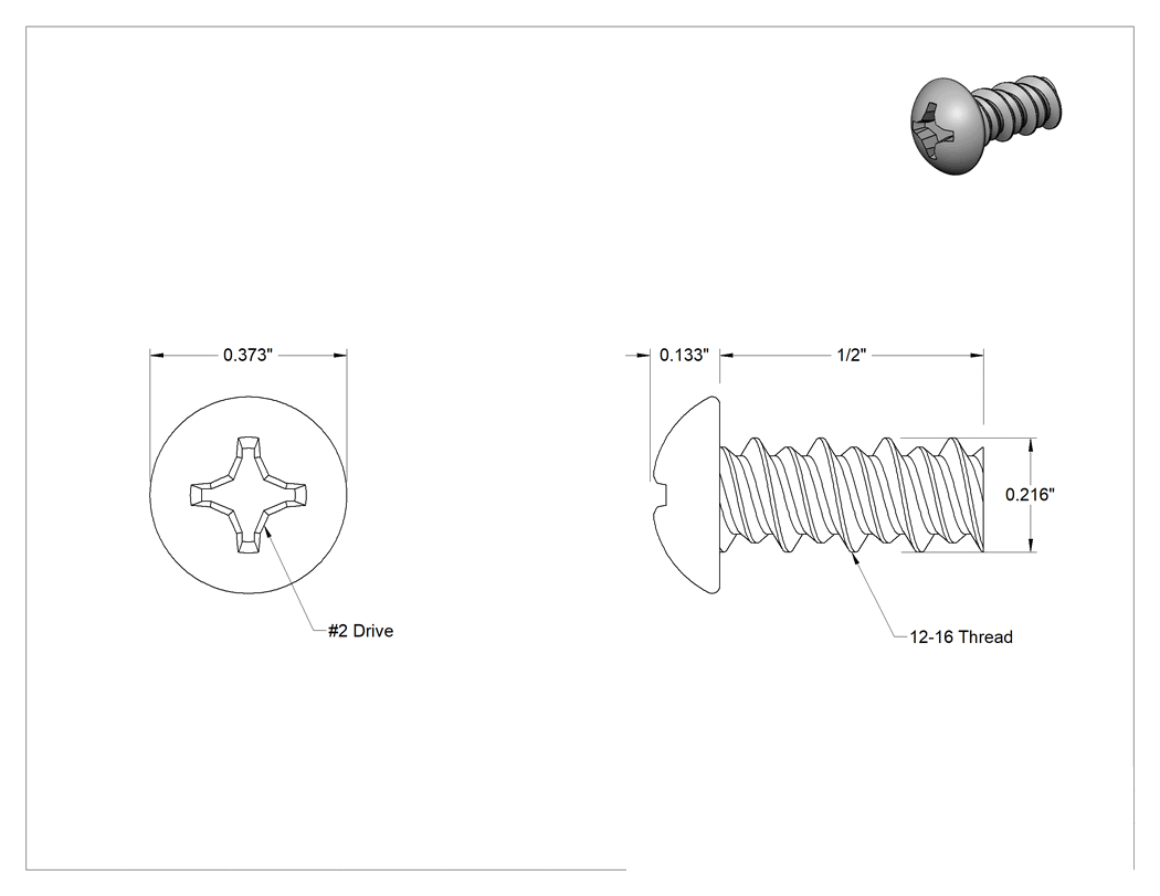 Teknik Çizim - Yuvarlak Başlı Diş Açıcı Vidalar, Kırılgan Plastik için, Çinko Kaplamalı, 12 Numaralı Boyut, 1/2" Uzunluk
