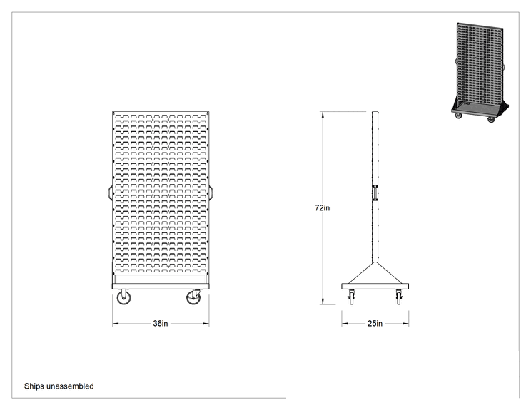 Teknik Çizim - Mobil Kutu Rafı, 36" Genişlik x 72" Yükseklik x 25" Derinlik Toplam