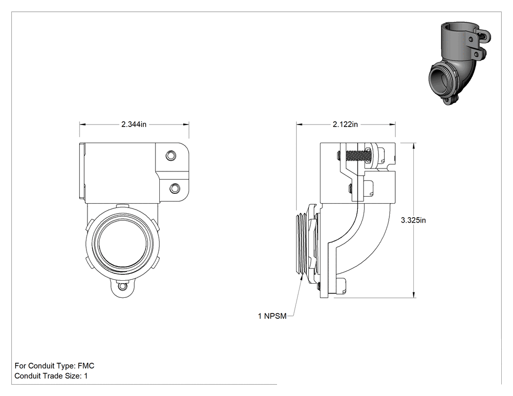 Teknik Çizim - Esnek Metal Kanal için Demir Adaptör, 90 Derece Dirsek, 1 Anma Ölçüsü Dişi x 1 NPSM Erkek