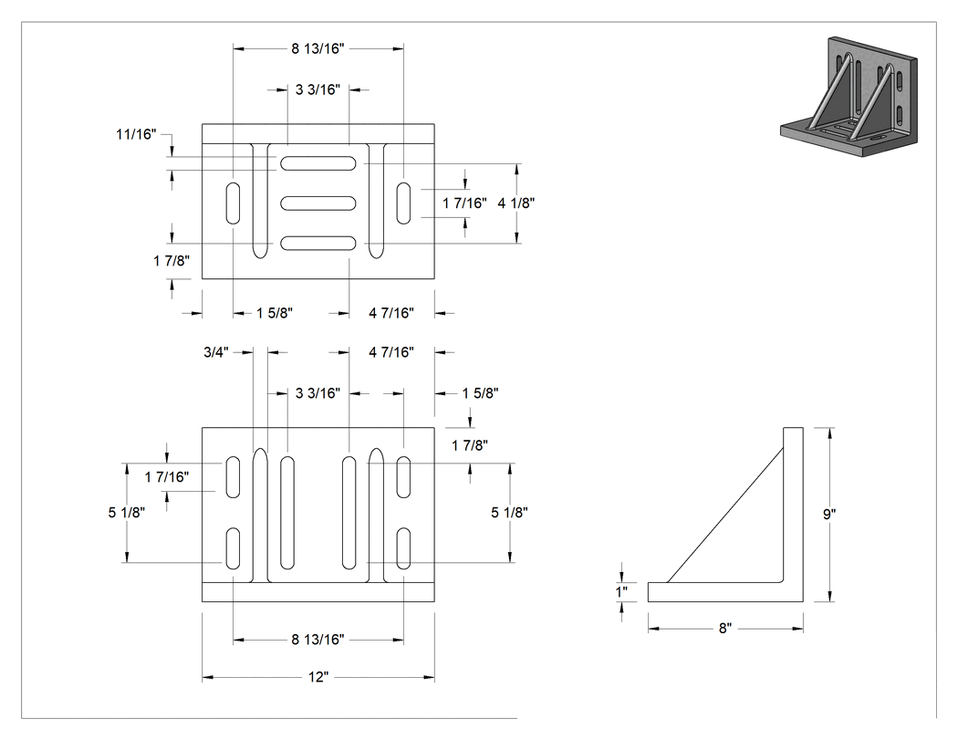 Teknik Çizim - 11 Yuvalı Açılı Plaka, 8" Uzunluk x 12" Genişlik x 9" Yükseklik