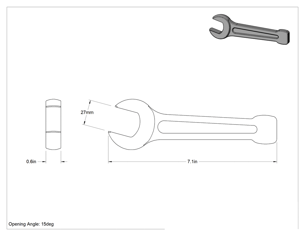 Teknik Çizim - Vurmalı Açık Uçlu Anahtar, 27 mm Boyut, 7-1/8" Toplam Uzunluk