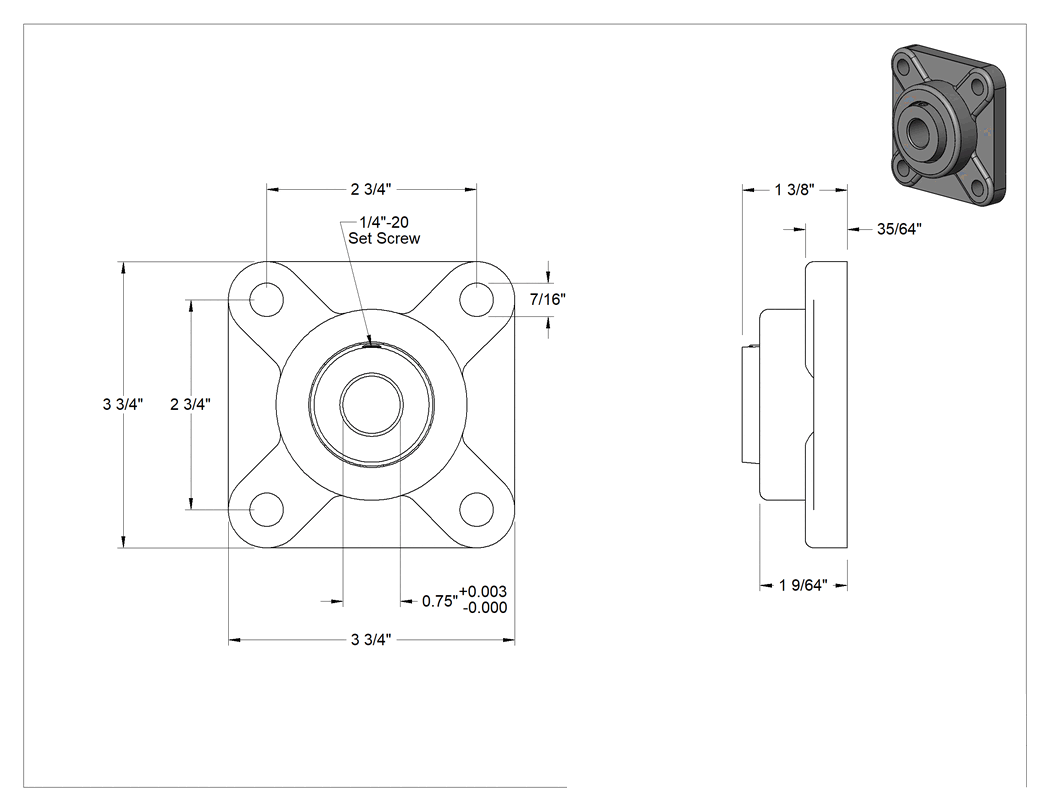 Teknik Çizim - Kuru Çalışan Sabit Rulman, Dört cıvatalı flanşlı, 3/4" Mil Çapı için