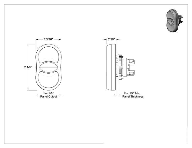 Teknik Çizim - 22 mm Panele Monte Plastik Aktüatör, Aydınlatmalı Oval Gömme Basma Düğmesi, Anlık