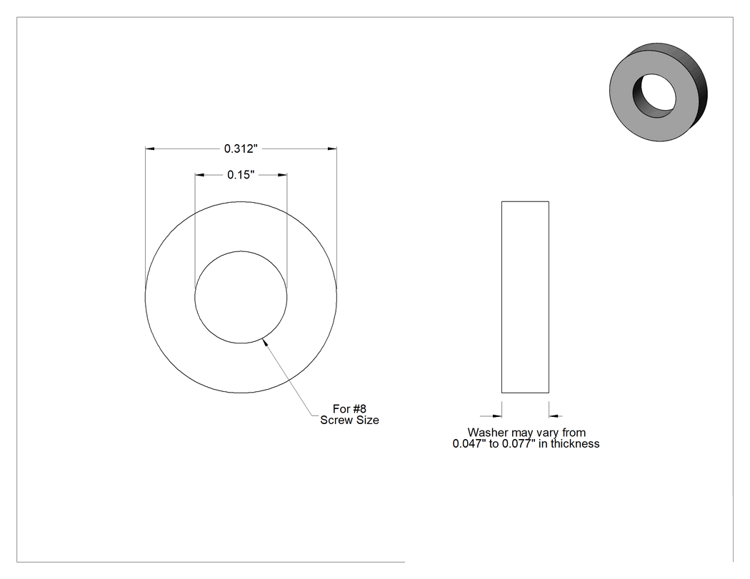 Teknik Çizim - Hava Koşullarına Dayanıklı EPDM Kauçuk Sızdırmazlık Pulları, 8 numaralı vida boyutu için, 0.150" İç Çap, 0.312" Dış Çap, Beyaz