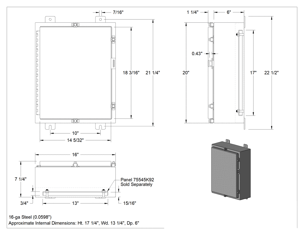 Teknik Çizim - Gri Toz Boyalı Çelik Su Geçirmez Muhafaza, Menteşeli Kapaklı, 16 inç Genişlik x 20 inç Yükseklik x 7-1/2 inç Derinlik