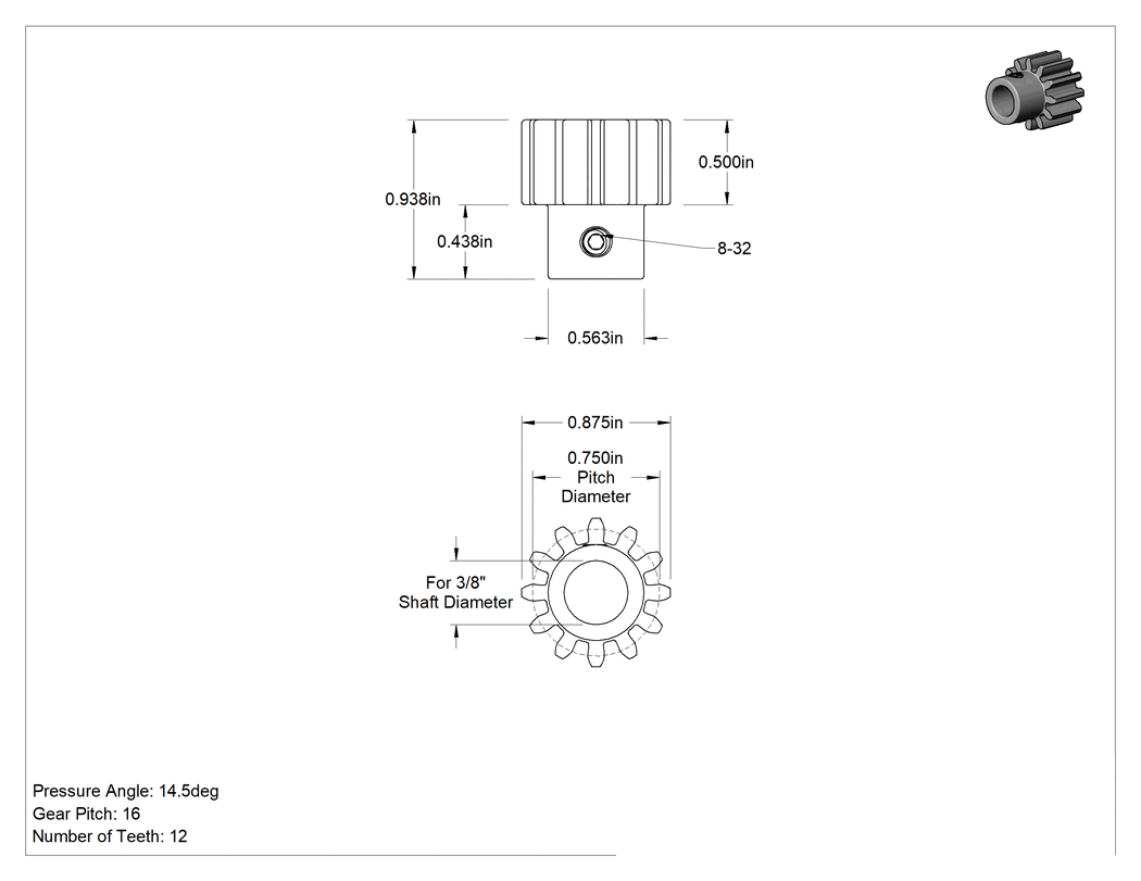 Teknik Çizim - Metal Dişli - 14-1/2 Derece Basınç Açısı, Setskur ile Yuvarlak Delik, 16 Adım, 12 Diş