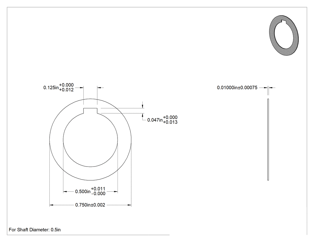 Teknik Çizim - Karbon Çelik Şim, Çentikli, 1/2" Çaplı Tırnaklı Şaftlar için, 0.01 inç Kalınlık
