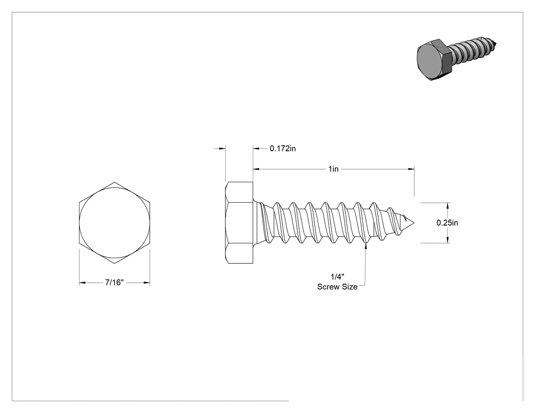 Teknik Çizim - Çinko Kaplı Çelik Altıköşe Başlı Ahşap Vida, 1/4" Vida Boyutu, 1" Uzunluk