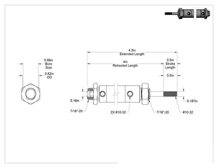 Teknik Çizim - Yuvarlak Gövde Hava Silindiri Montajı, Çift Etkili, 9/16" Delik Boyutu, 1/2" Strok Uzunluğu