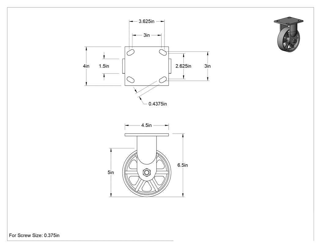 Teknik Çizim - 4-1/2" x 4" Montaj Plakalı Samson Tekerlek, 5" Çaplı Metal Tekerlekli Sert