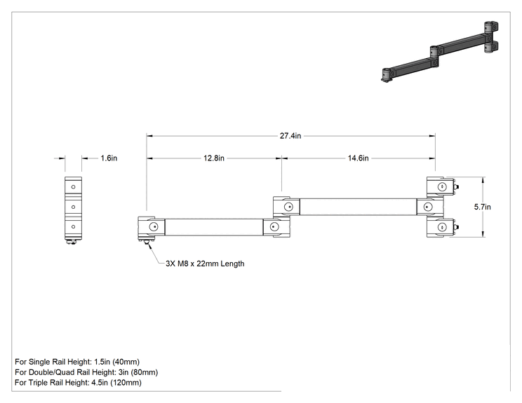 Teknik Çizim - T-Yivli Çerçeveleme Konumlandırma Kolu, Uzatılmış, 1.5" ve 40 mm Yüksekliğinde Ray için, 5-3/4" Toplam Yükseklik