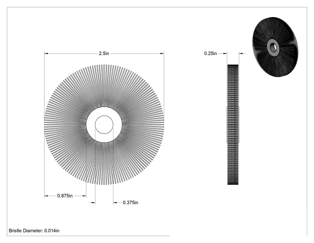Teknik Çizim - Düşük Çizilme Pirinç Kıllı Tekerlek Fırçası, 2-1/2" Fırça Çapı, 0.014" Çapında Kıllı 1/2" Delik