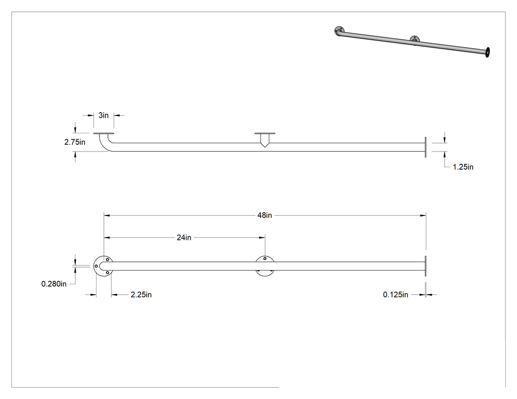 Teknik Çizim - Pürüzsüz Tuvalet Bölme Tutunma Çubuğu, 1-1/4" Çap