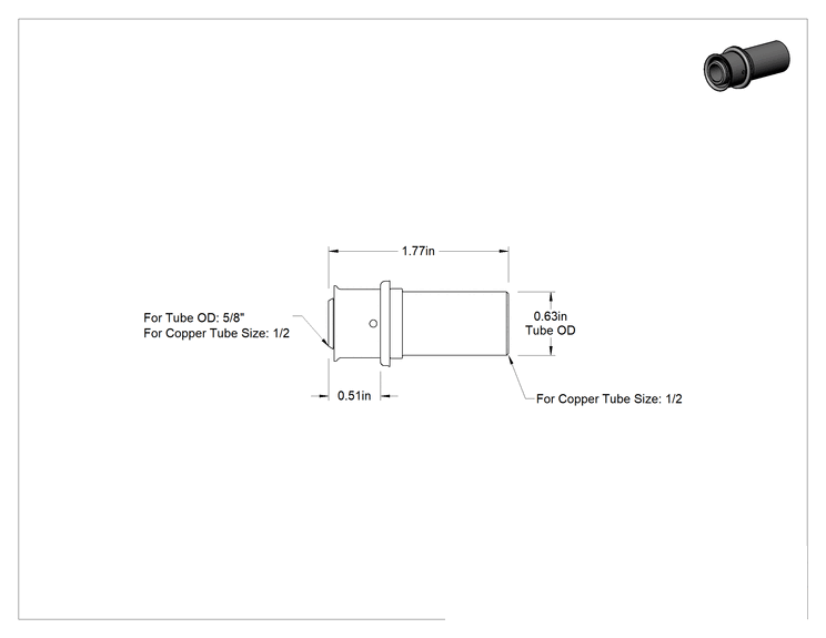 Teknik Çizim - İçme Suyu için Presle Bağlanan Bağlantı Parçası, Düz Adaptör, 1/2 Dişi x 1/2 Erkek Bakır Boru Boyutu