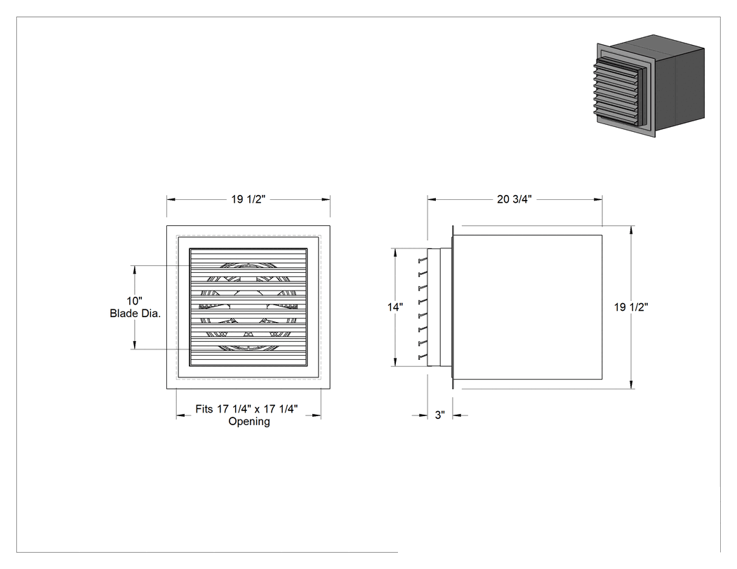 Teknik Çizim - Panjurlu Doğrudan Tahrikli Duvar Tipi Egzoz Fanı, 10" Çaplı Bıçak, 120V AC