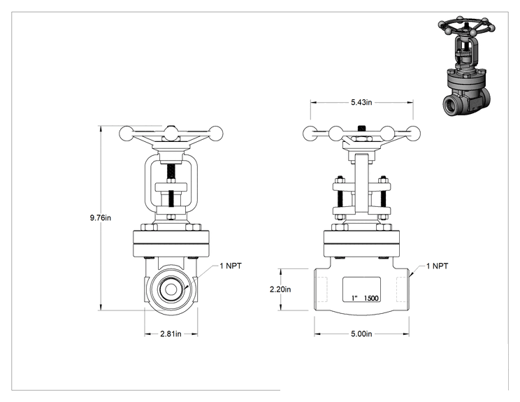 Teknik Çizim - Yüksek Basınçlı Kademeli Açma/Kapama Vanası, Basınç Sınıfı 1500, Çelik, Standart Bağlantı Noktası, 1 NPT Dişi