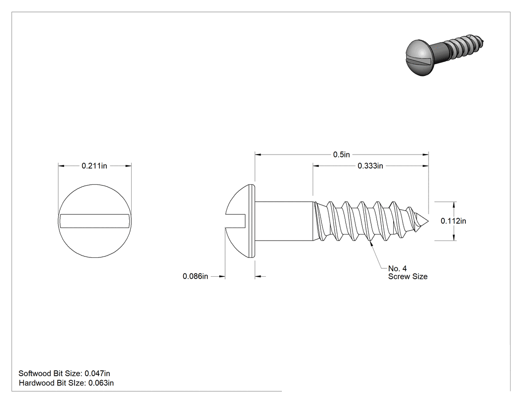 Teknik Çizim - Yivli Dekoratif Yuvarlak Başlı Vidalar, Ahşap için, Çinko Kaplı Çelik, 4 Numara Boyut, 1/2" Uzunluk