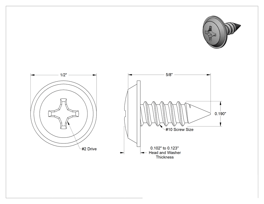 Teknik Çizim - Sac Metal için Pullu Yuvarlak Başlı Vidalar, Krom Kaplı Çelik, 10 Numaralı Boyut, 5/8" Uzunluk